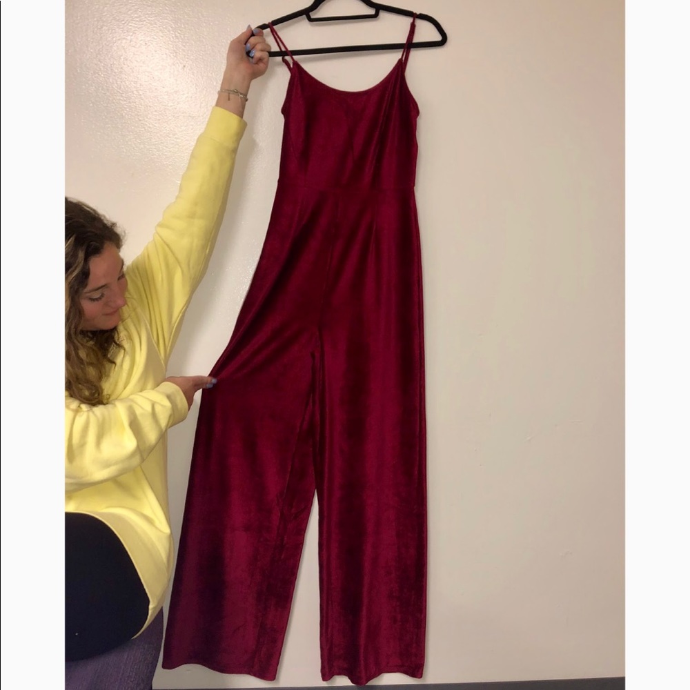 Red crushed velvet spaghetti strap jumpsuit